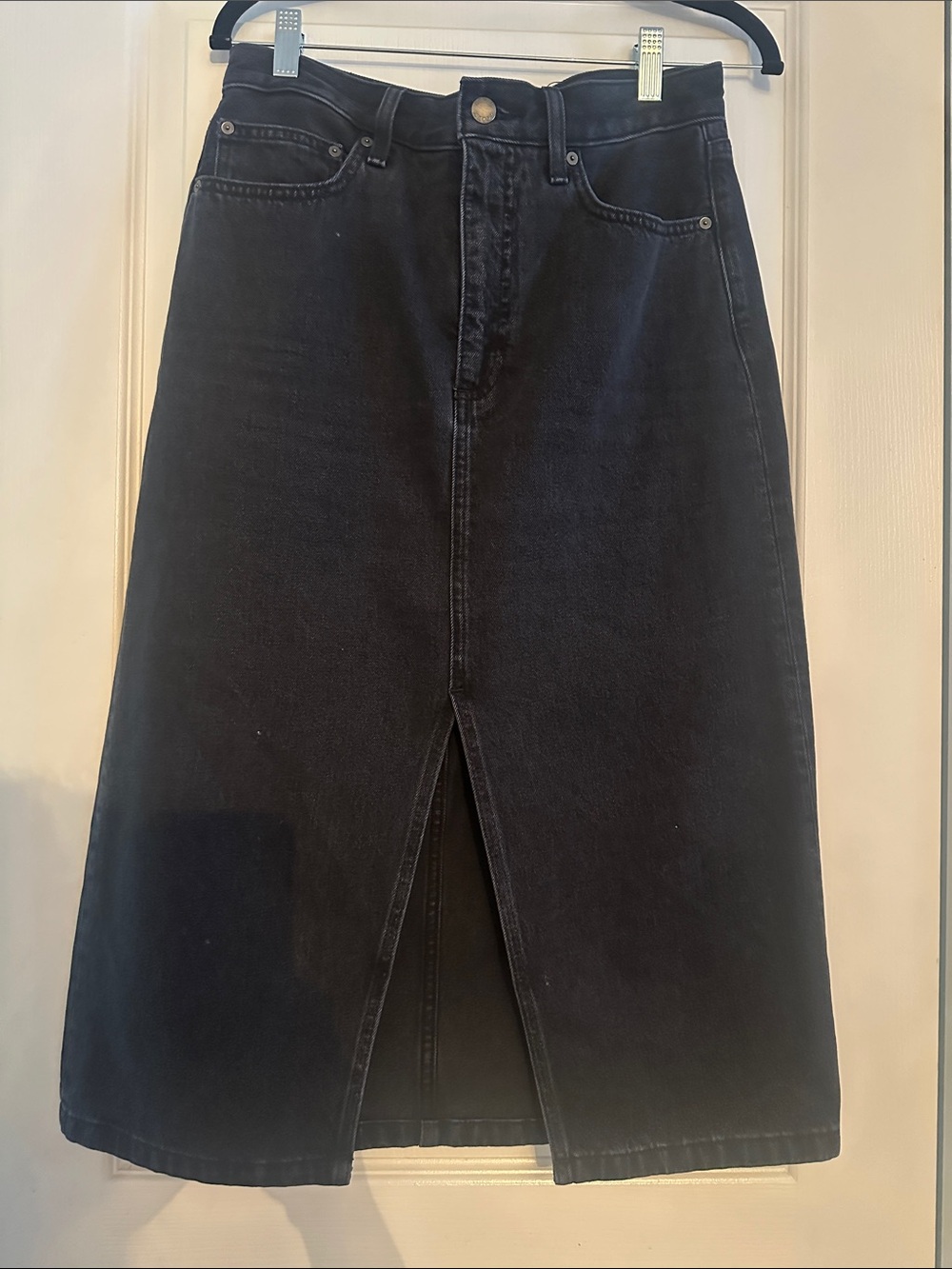 Denim Forum Black Midi Denim Skirt with Front Slit and High Waist